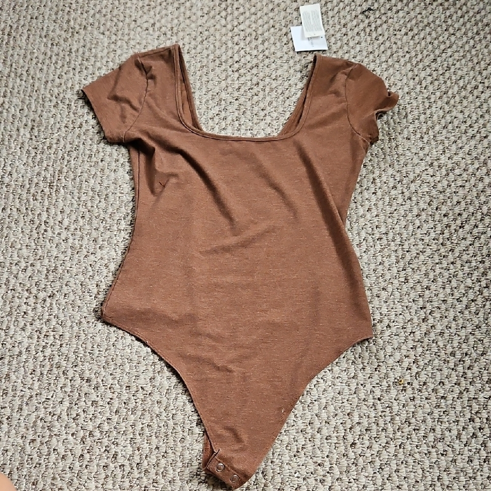 Nwt American Eagle Square Neck Short Sleeve Bodysuit Brown Thong Small S